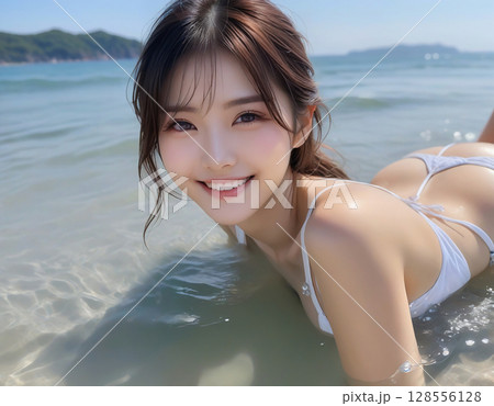 綺麗な海でビキニを着た笑顔のかわいい女の子のポートレート 128556128