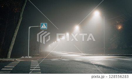 Empty Foggy Road with Streetlights on a Misty Night 128556283