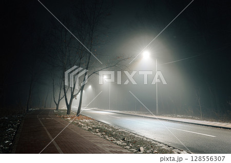 Foggy Night Street with Bicycle Lane and Streetlights Foggy Night Street with Bicycle Lane and Streetlights 128556307