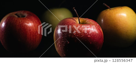 Colorful Apples with Water Drops on Dark Background Colorful Apples with Water Drops on Dark Background 128556347