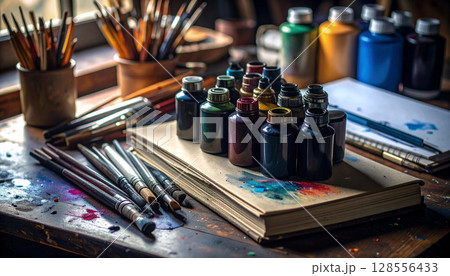 Art Class Supply Rainbow. Back to School concept. Generated image Art Class Supply Rainbow. Back to School concept. Generated image 128556433