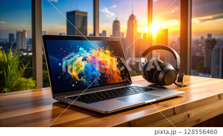 Digital Nomad Study Setup. Back to School concept. Generated image Digital Nomad Study Setup. Back to School concept. Generated image 128556460
