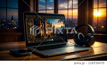 Digital Nomad Study Setup. Back to School concept. Generated image 128556470