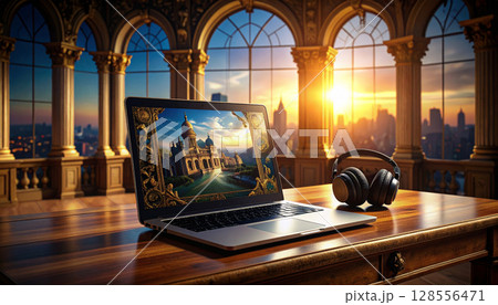 Digital Nomad Study Setup. Back to School concept. Generated image 128556471