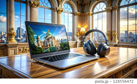 Digital Nomad Study Setup. Back to School concept. Generated image 128556472