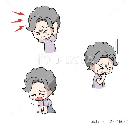 熱中症の中等症になる高齢女性のイラスト3パターンセット 熱中症の中等症になる高齢女性のイラスト3パターンセット 128556682