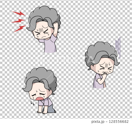 熱中症の中等症になる高齢女性のイラスト3パターンセット 熱中症の中等症になる高齢女性のイラスト3パターンセット 128556682
