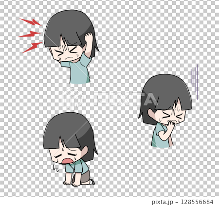 熱中症の中等症になる女の子のイラスト3パターンセット 128556684
