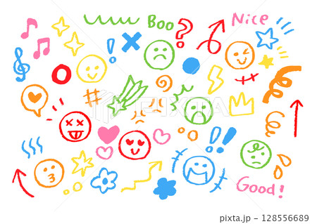 カラフル手描き感情アイコンセット – クレヨンタッチの表情と記号素材 カラフル手描き感情アイコンセット – クレヨンタッチの表情と記号素材 128556689