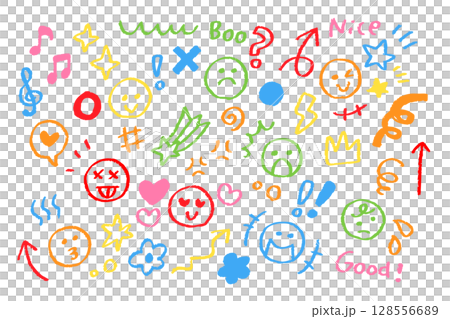 カラフル手描き感情アイコンセット – クレヨンタッチの表情と記号素材 カラフル手描き感情アイコンセット – クレヨンタッチの表情と記号素材 128556689