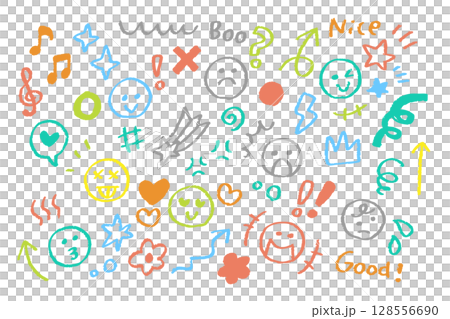 Colorful hand-drawn emotion icon set - crayon-drawn facial expressions and symbols 128556690