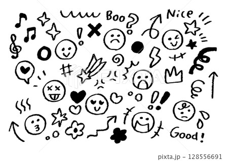白黒手描き感情アイコンセット – クレヨンタッチの表情と記号素材 128556691