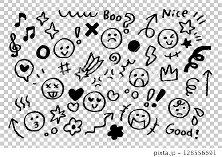 白黒手描き感情アイコンセット – クレヨンタッチの表情と記号素材 128556691