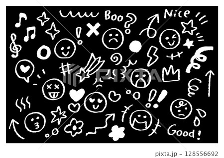 チョーク風黒板感情アイコンセット – 手描きの表情と記号素材(白黒反転バージョン) チョーク風黒板感情アイコンセット – 手描きの表情と記号素材(白黒反転バージョン) 128556692