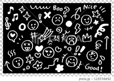 チョーク風黒板感情アイコンセット – 手描きの表情と記号素材(白黒反転バージョン) チョーク風黒板感情アイコンセット – 手描きの表情と記号素材(白黒反転バージョン) 128556692