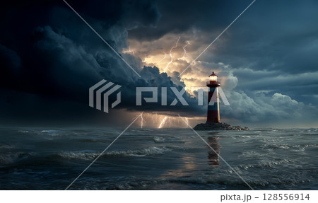雷雨の中で船を導く灯台、シュールな海景、混乱の中の光るビーコン 128556914