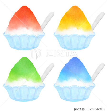 かき氷セットのイラスト（苺・レモン・メロン・ブルーハワイ味） 128556919