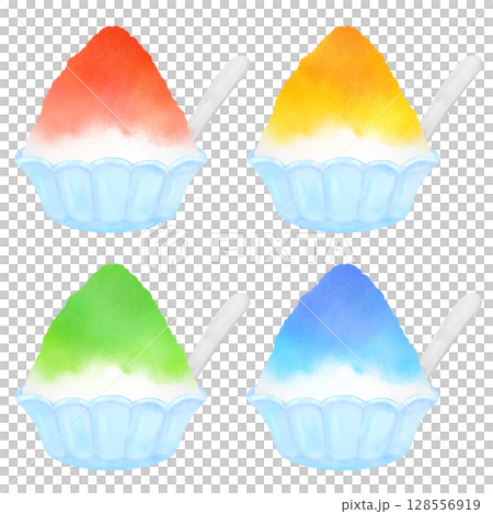 刨冰套裝插圖（草莓、檸檬、甜瓜、藍色夏威夷口味） 128556919