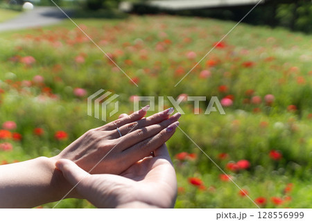 春の花畑で手を重ねるカップル⑤ 128556999