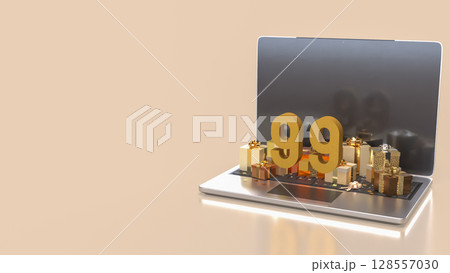 The Gift box and laptop for 9.9 promotion or business concept 3d Rendering. The Gift box and laptop for 9.9 promotion or business concept 3d Rendering. 128557030