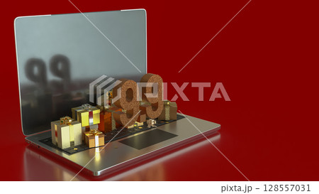 The Gift box and laptop for 9.9 promotion or business concept 3d Rendering. The Gift box and laptop for 9.9 promotion or business concept 3d Rendering. 128557031