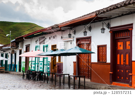 Concepcion, Colombia - 20 January 2024. Buildings around the Jose Maria Cordova Park in the beautiful colonial town of Concepcion in Antioquia, Colombia. 128557231