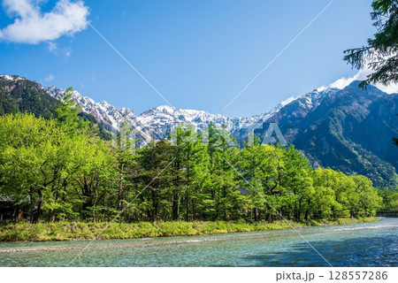 上高地の絶景『梓川沿いの遊歩道から望む穂高連峰 新緑シーズン』 上高地の絶景『梓川沿いの遊歩道から望む穂高連峰 新緑シーズン』 128557286