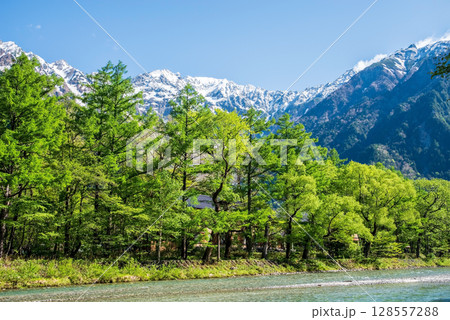 上高地の絶景『梓川沿いの遊歩道から望む穂高連峰 新緑シーズン』 128557288