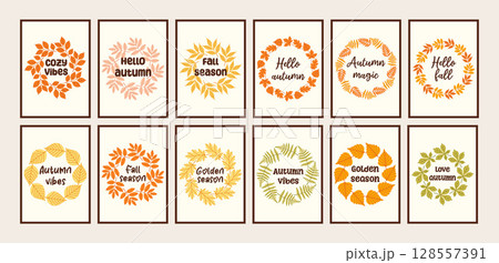 Autumn simple poster big set. Fall flyer doodle collection. Vectical banner autumn elements. Autumn interior design poster, end of season promo template. Vector illustration. 128557391