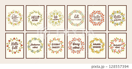 Autumn simple poster big set. Fall flyer doodle collection. Vectical banner autumn elements. Autumn interior design poster, end of season promo template. Vector illustration. 128557394