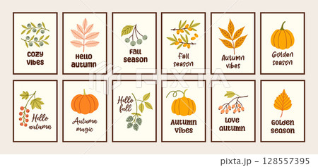 Autumn simple poster big set. Fall flyer doodle collection. Vectical banner autumn elements. Autumn interior design poster, end of season promo template. Vector illustration. 128557395
