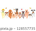 歩くかわいい犬の一列、正面、秋 128557735