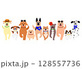 歩くかわいい犬の一列、正面、夏 128557736