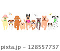 歩くかわいい犬の一列、正面、春 128557737