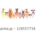 歩くかわいい犬の一列、正面、クリスマス 128557738