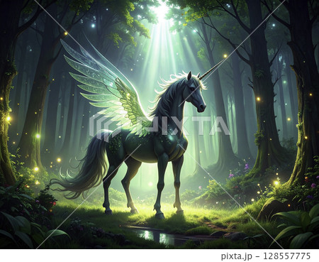 幻想的な森に立つユニコーンペガサスのファンタジーイラスト