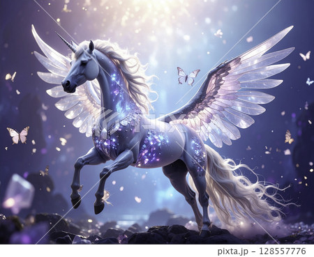 ユニコーンの幻想的なアート 幻想的なペガサスユニコーンと光舞う幻想世界｜ファンタジーアート