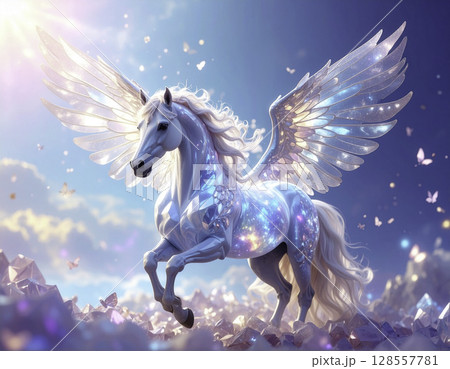 陽光と青空に舞う幻想ペガサスユニコーン｜クリスタルファンタジーアートイラスト 128557781
