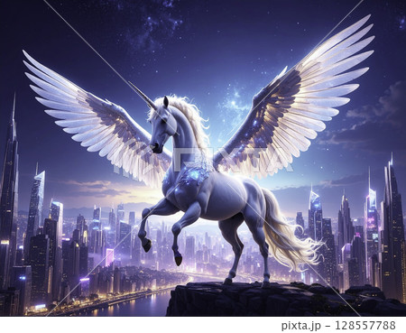 近未来都市を見下ろす幻想ペガサスユニコーン｜ファンタジーイラストの
