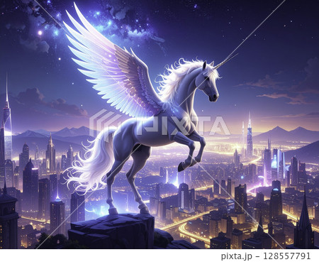 幻想都市と星降る夜空に舞うペガサスユニコーン｜ファンタジーアート
