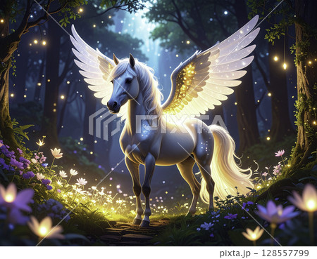 幻想の森に佇む光り輝くペガサスユニコーンと魔法の花畑 128557799
