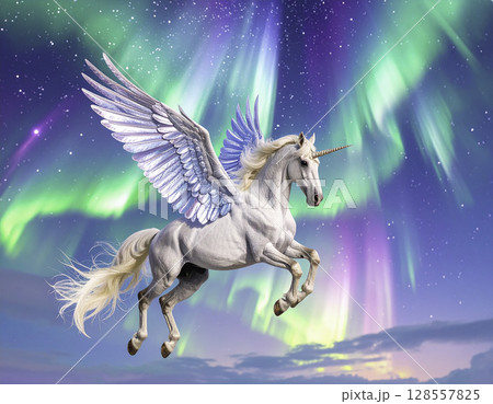 オーロラを翔けるユニコーンペガサス｜幻想ファンタジーアートの