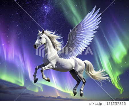 オーロラと舞う純白のペガサス|幻想ファンタジーイラスト オーロラと舞う純白のペガサス|幻想ファンタジーイラスト 128557826