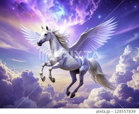 幻想雲海と虹色の空に舞う純白ペガサス|ファンタジーイラスト 幻想雲海と虹色の空に舞う純白ペガサス|ファンタジーイラスト 128557839