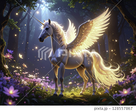 神秘的な森に輝く幻想的なユニコーンペガサスのファンタジーアートの