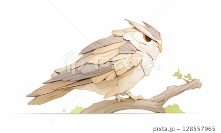羽根をまとったファンタジー風の小さなフクロウのキャラクター木目のふくろう 128557965