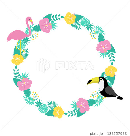 ハイビスカスとフラミンゴとオオハシのトロピカル円形フレーム 128557988