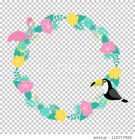 ハイビスカスとフラミンゴとオオハシのトロピカル円形フレーム 128557988