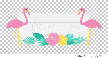火烈鳥和芙蓉白色木框架 128557996