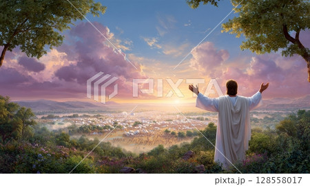Biblical scene with figure facing sunrise over lush valley. Biblical scene with figure facing sunrise over lush valley. 128558017